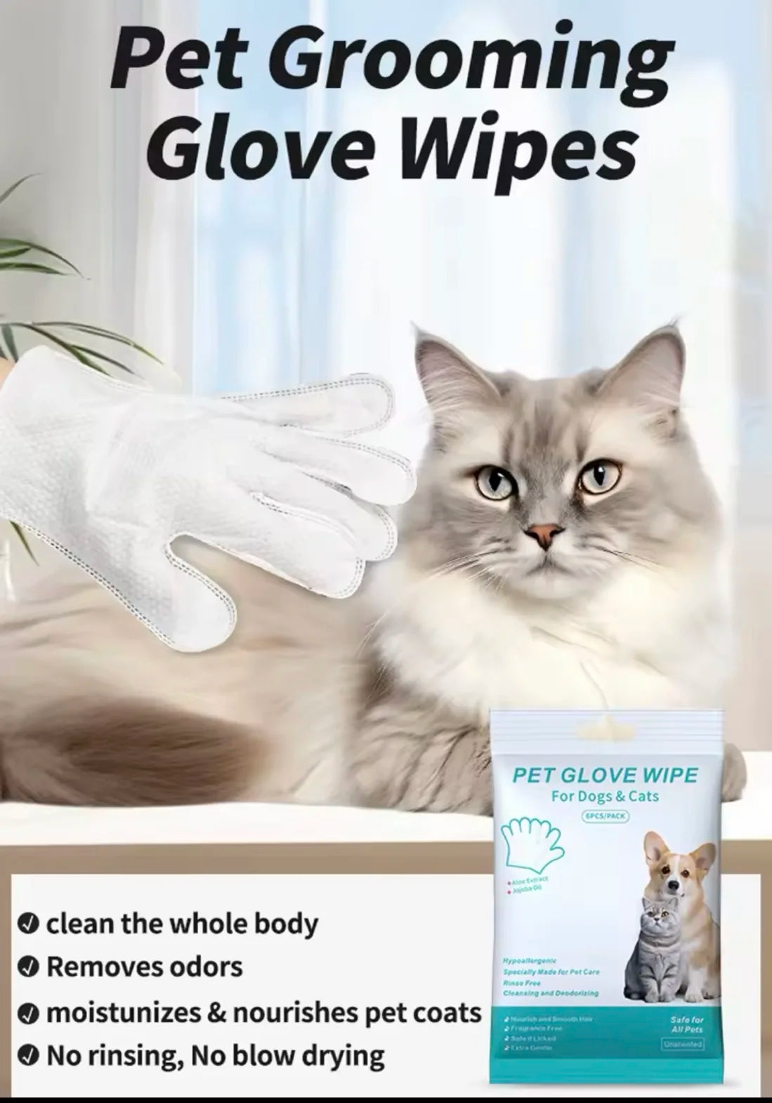 6 PCs napkins disposable gloves wash for animals (cats and dogs) gloves without rinsing washing gloves napkins deodorizing dry napkins wet cleaning