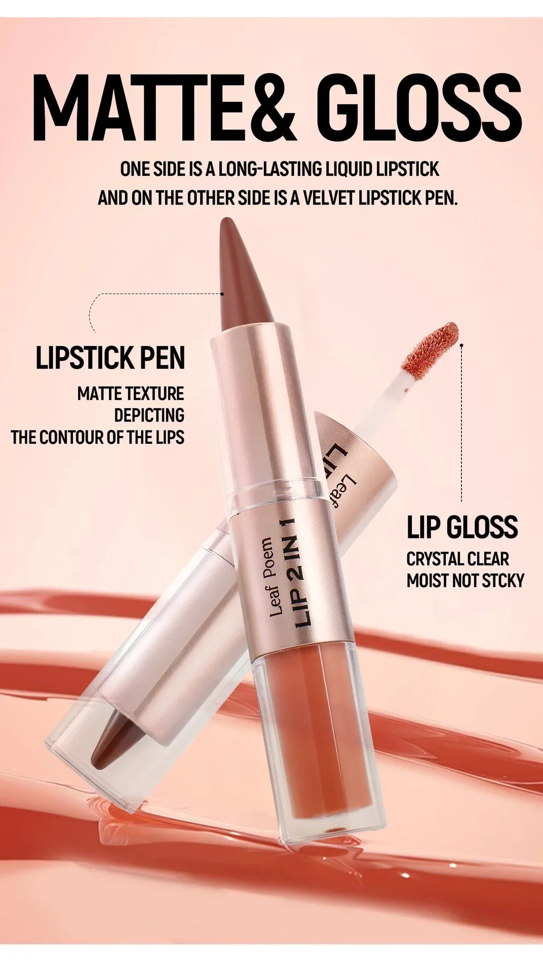 2in1 Lipstick Lip Gloss Lip Liner Contour Pencil Double Head Mirror Plumping Lip Glaze Crystal Lip Sexy Red Lips Tint Makeup