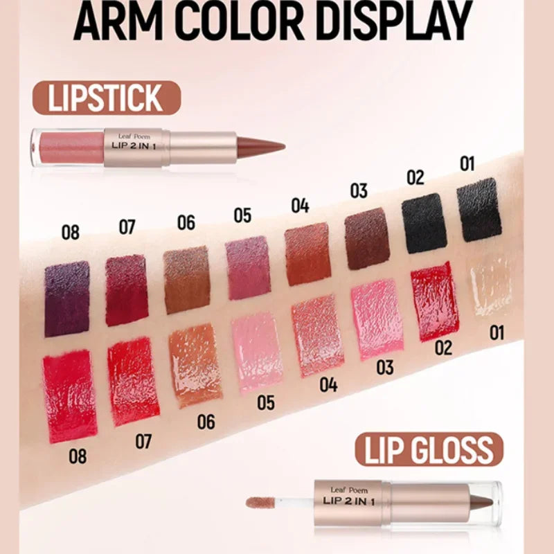 2in1 Lipstick Lip Gloss Lip Liner Contour Pencil Double Head Mirror Plumping Lip Glaze Crystal Lip Sexy Red Lips Tint Makeup