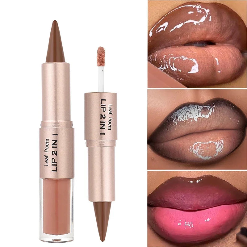 2in1 Lipstick Lip Gloss Lip Liner Contour Pencil Double Head Mirror Plumping Lip Glaze Crystal Lip Sexy Red Lips Tint Makeup