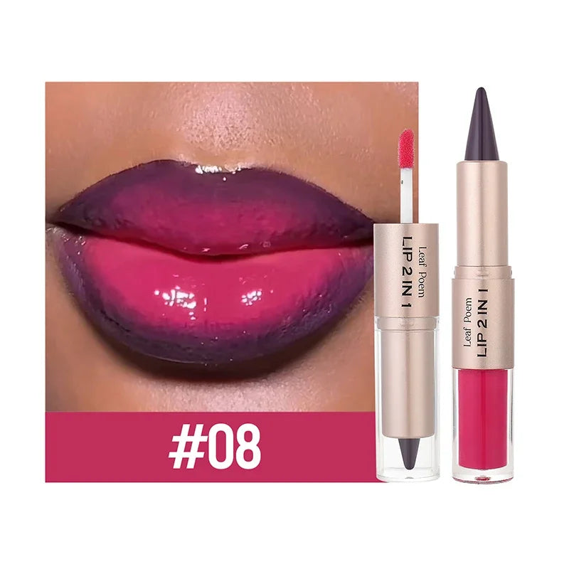 2in1 Lipstick Lip Gloss Lip Liner Contour Pencil Double Head Mirror Plumping Lip Glaze Crystal Lip Sexy Red Lips Tint Makeup