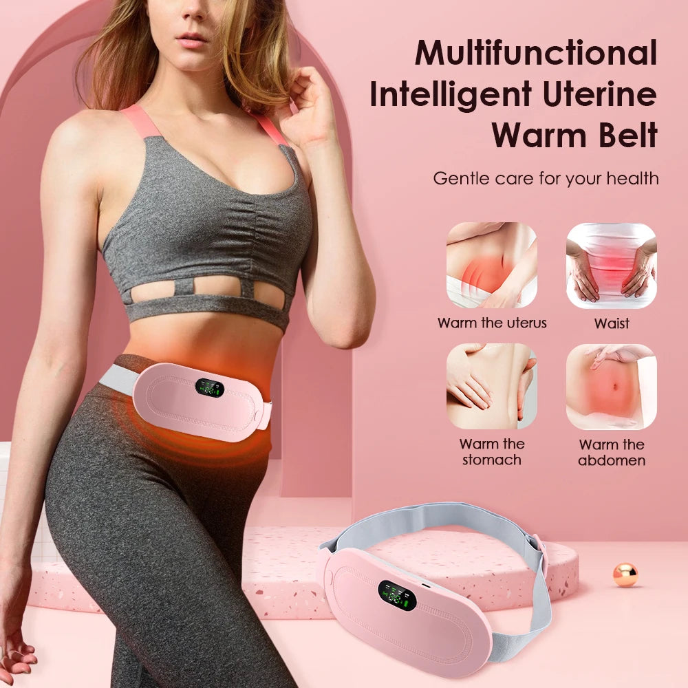Electric Period Cramp Relief Massager Vibrating Heating Pad for Menstrual Pain Waist Stomach Abdominal Warm Palace Belt