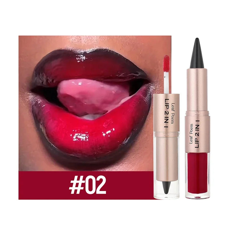 2in1 Lipstick Lip Gloss Lip Liner Contour Pencil Double Head Mirror Plumping Lip Glaze Crystal Lip Sexy Red Lips Tint Makeup