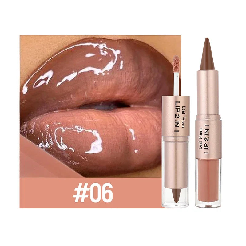 2in1 Lipstick Lip Gloss Lip Liner Contour Pencil Double Head Mirror Plumping Lip Glaze Crystal Lip Sexy Red Lips Tint Makeup