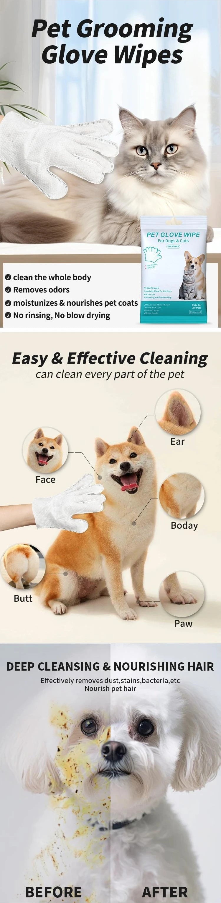 Pet Cleaning Wipes Gloves For Cats Dogs No Rinse Bathing Deodorizing Disposable SPA Mittens Wet Wipes Portable Grooming Care