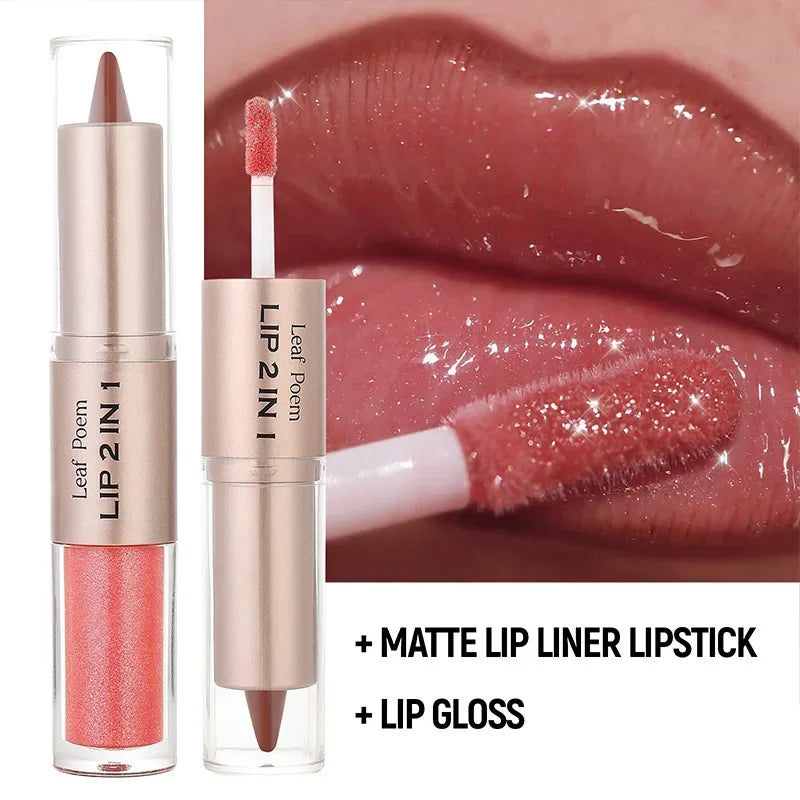 2in1 Lipstick Lip Gloss Lip Liner Contour Pencil Double Head Mirror Plumping Lip Glaze Crystal Lip Sexy Red Lips Tint Makeup