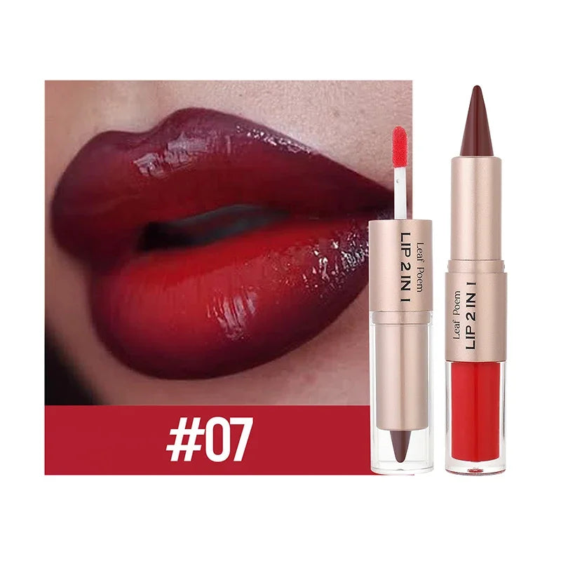 2in1 Lipstick Lip Gloss Lip Liner Contour Pencil Double Head Mirror Plumping Lip Glaze Crystal Lip Sexy Red Lips Tint Makeup