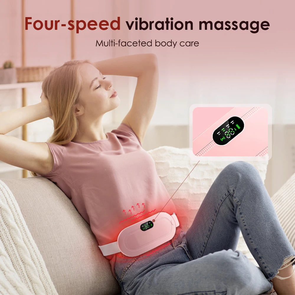 Electric Period Cramp Relief Massager Vibrating Heating Pad for Menstrual Pain Waist Stomach Abdominal Warm Palace Belt