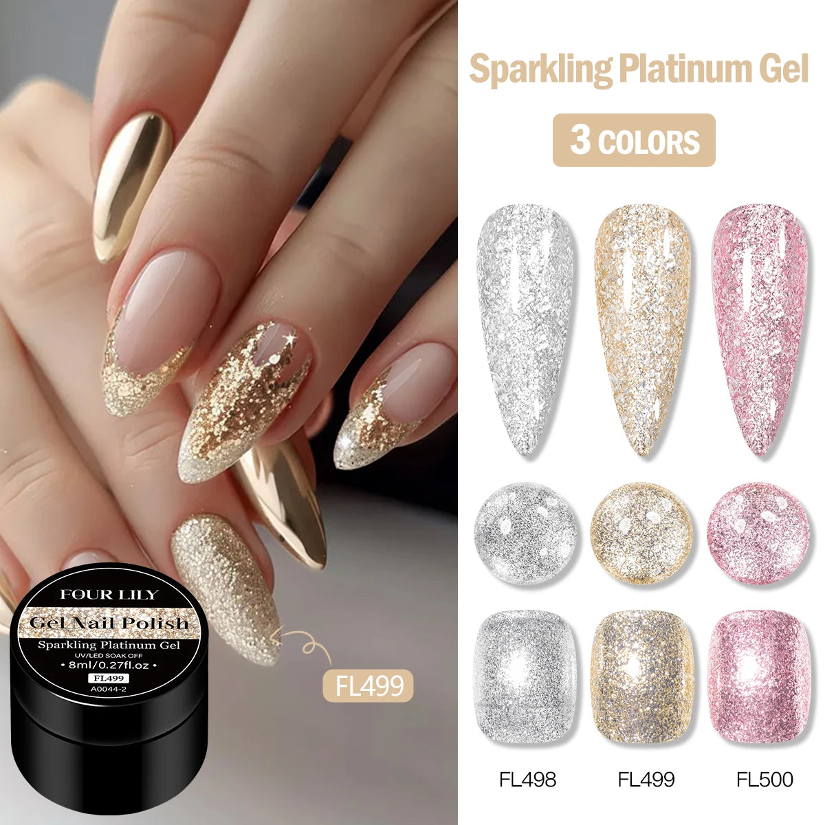 Four Lily 8ml Gold Sparkling Platinum Nail Gel Polish Glitter Long Lasting Semi Permanent Nail Art Painting Gel Varnish Design
