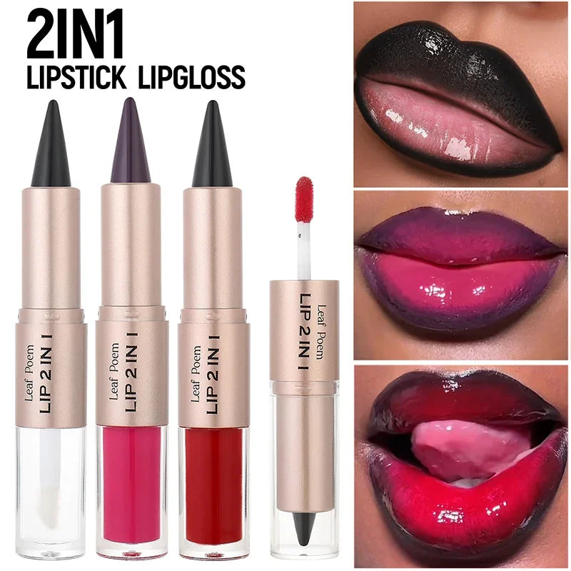 2in1 Lipstick Lip Gloss Lip Liner Contour Pencil Double Head Mirror Plumping Lip Glaze Crystal Lip Sexy Red Lips Tint Makeup