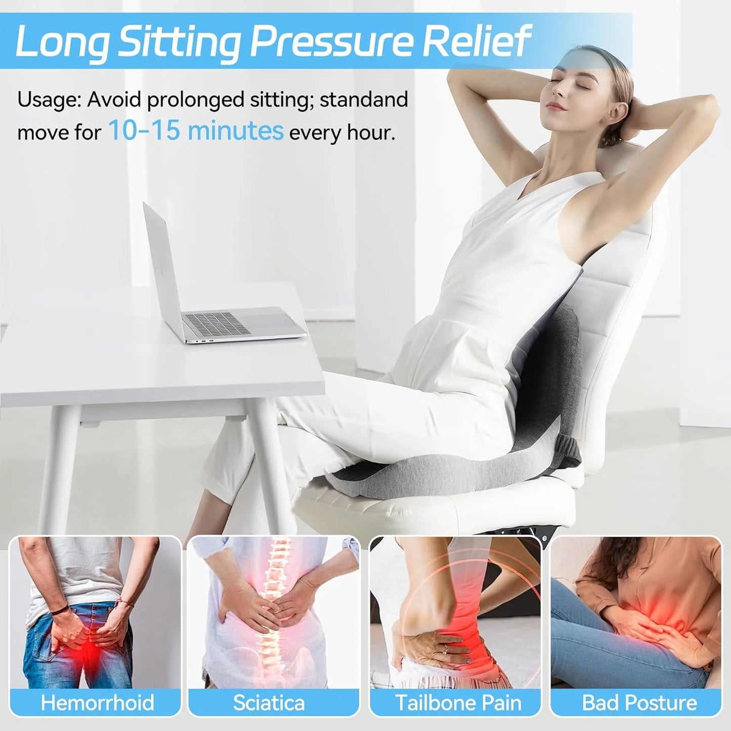 Memory foam One-piece Seat Cushion Backrest Office Chair Cushion Massage Lumbar Support Pain Relief Breathable Car Butt Pad