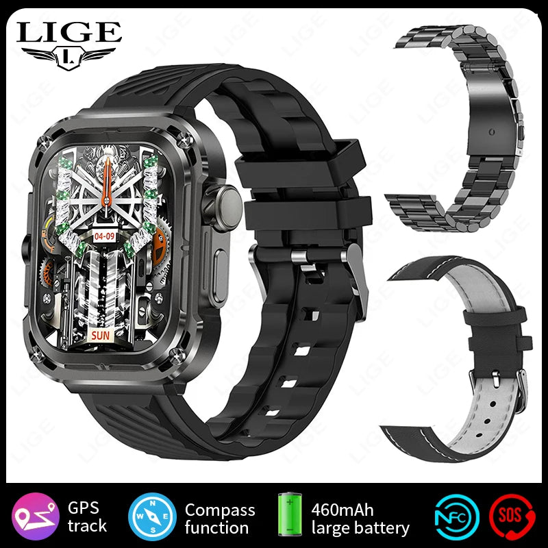 LIGE 2025 New 2.1" Ultra HD NFC Voice Call Smart Watch Men Compass GPS Track 460mAh Battery Waterproof Watches For HUAWEI Xiaomi