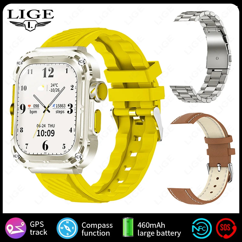 LIGE 2025 New 2.1" Ultra HD NFC Voice Call Smart Watch Men Compass GPS Track 460mAh Battery Waterproof Watches For HUAWEI Xiaomi
