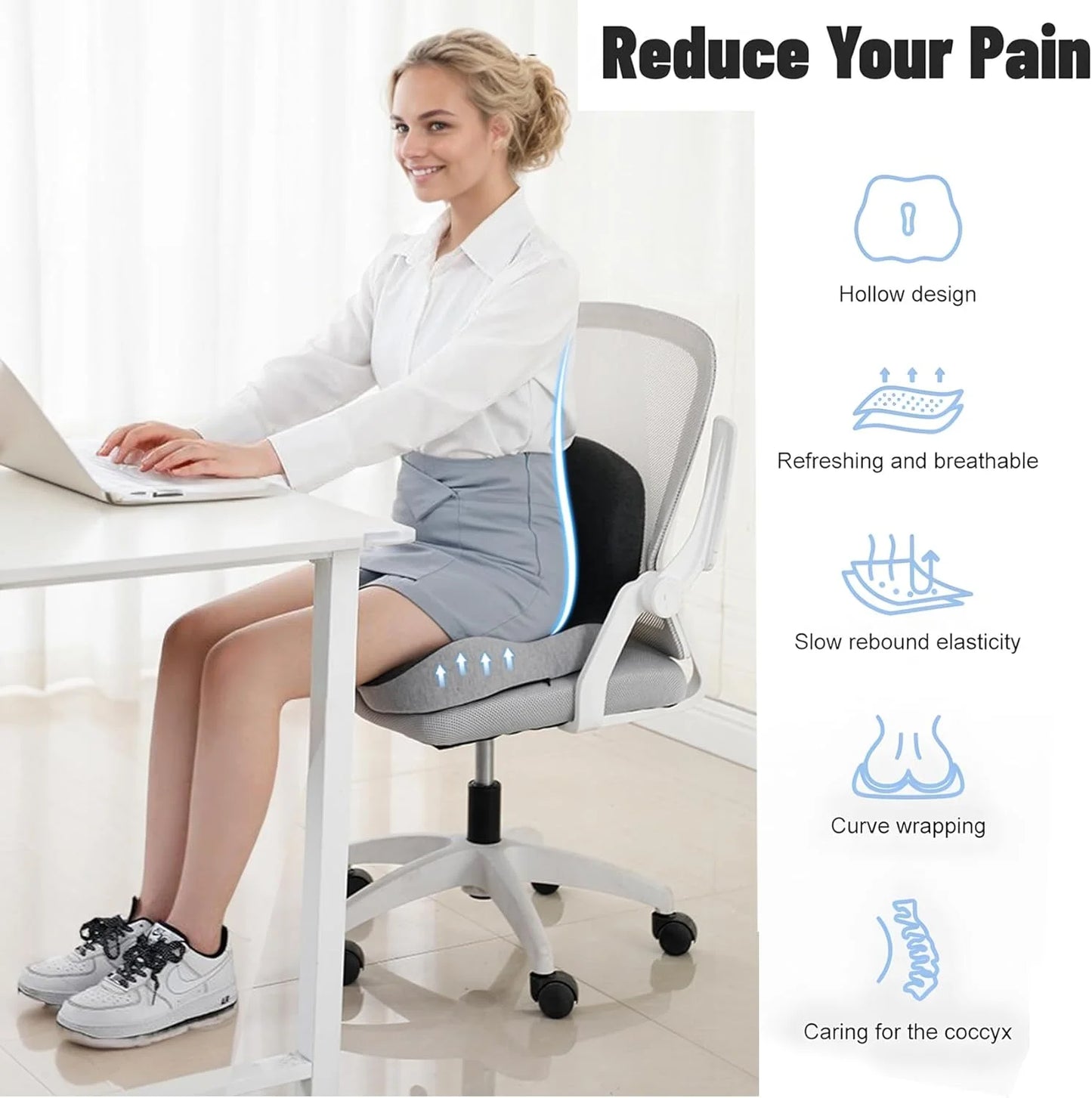 Memory foam One-piece Seat Cushion Backrest Office Chair Cushion Massage Lumbar Support Pain Relief Breathable Car Butt Pad