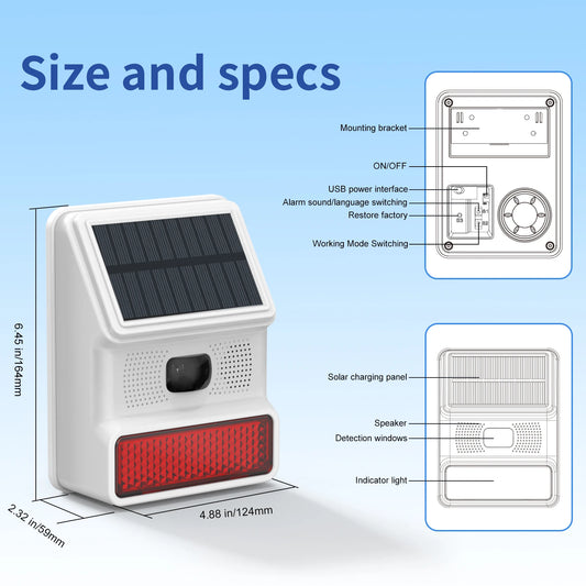 XUK Solar Motion Sensor Alarm 110dB, IP65 Waterproof Siren - Wireless Security Alarm for Home, Garden, Farm, Anti-Theft