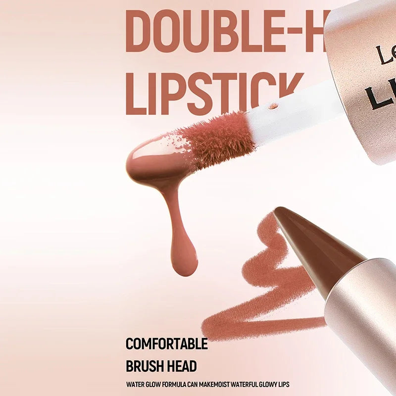 2in1 Lipstick Lip Gloss Lip Liner Contour Pencil Double Head Mirror Plumping Lip Glaze Crystal Lip Sexy Red Lips Tint Makeup
