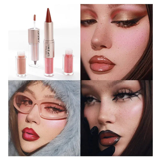 2in1 Lipstick Lip Gloss Lip Liner Contour Pencil Double Head Mirror Plumping Lip Glaze Crystal Lip Sexy Red Lips Tint Makeup