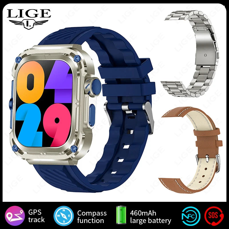 LIGE 2025 New 2.1" Ultra HD NFC Voice Call Smart Watch Men Compass GPS Track 460mAh Battery Waterproof Watches For HUAWEI Xiaomi