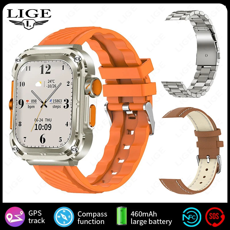 LIGE 2025 New 2.1" Ultra HD NFC Voice Call Smart Watch Men Compass GPS Track 460mAh Battery Waterproof Watches For HUAWEI Xiaomi
