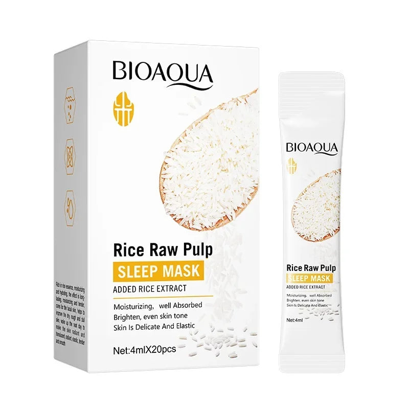 20pcs/box BIOAOUA Rice Raw Pulp Sleep Facial Mask Moisturize Brighten Whitening