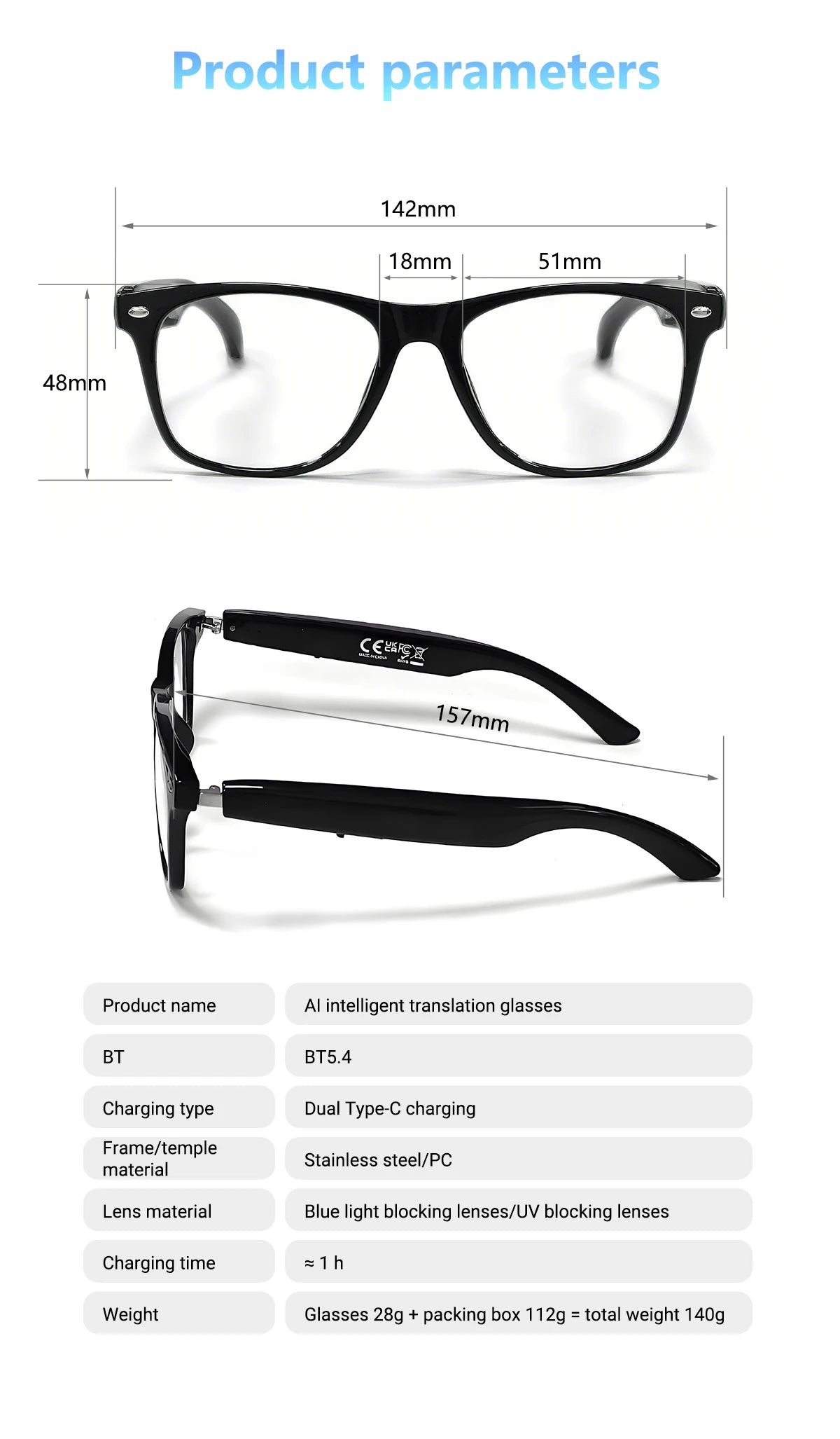 Smart Glasses AI translation 100+ Languages Make Receive Calls Music Calling Noise Reduction Light BT TWS Glasses Men Women