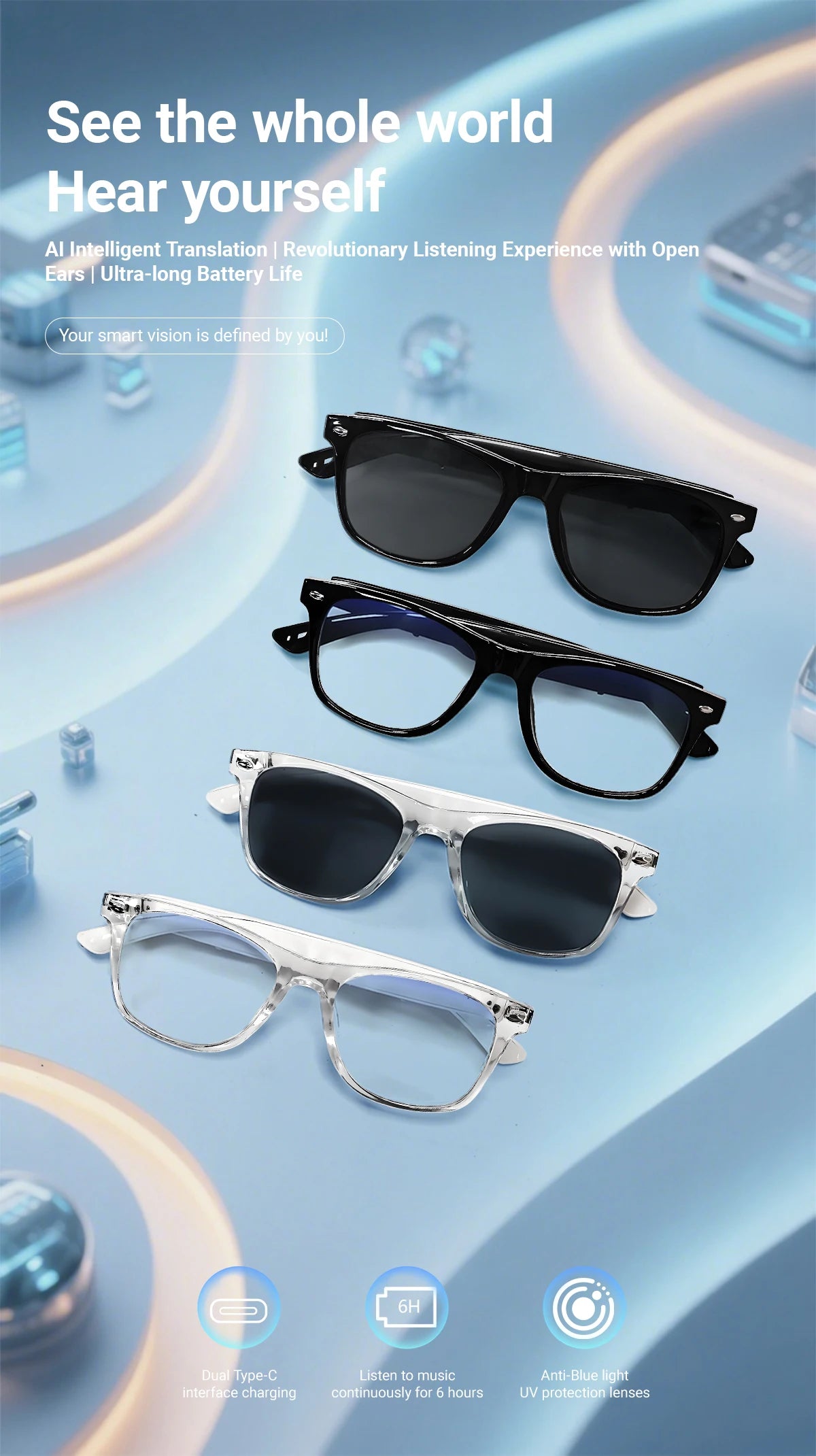 Smart Glasses AI translation 100+ Languages Make Receive Calls Music Calling Noise Reduction Light BT TWS Glasses Men Women