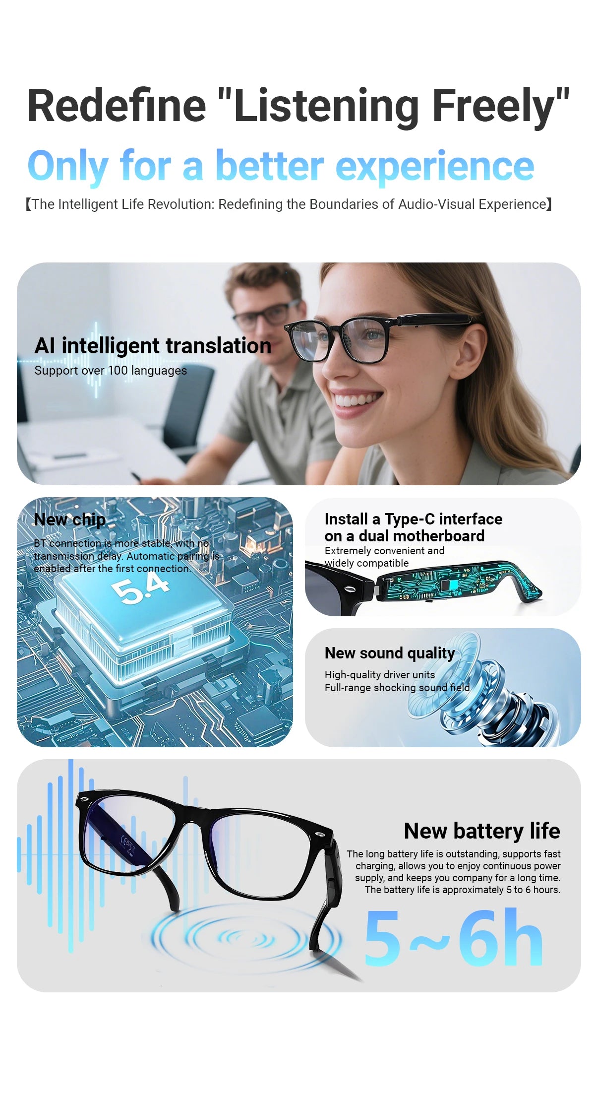 Smart Glasses AI translation 100+ Languages Make Receive Calls Music Calling Noise Reduction Light BT TWS Glasses Men Women