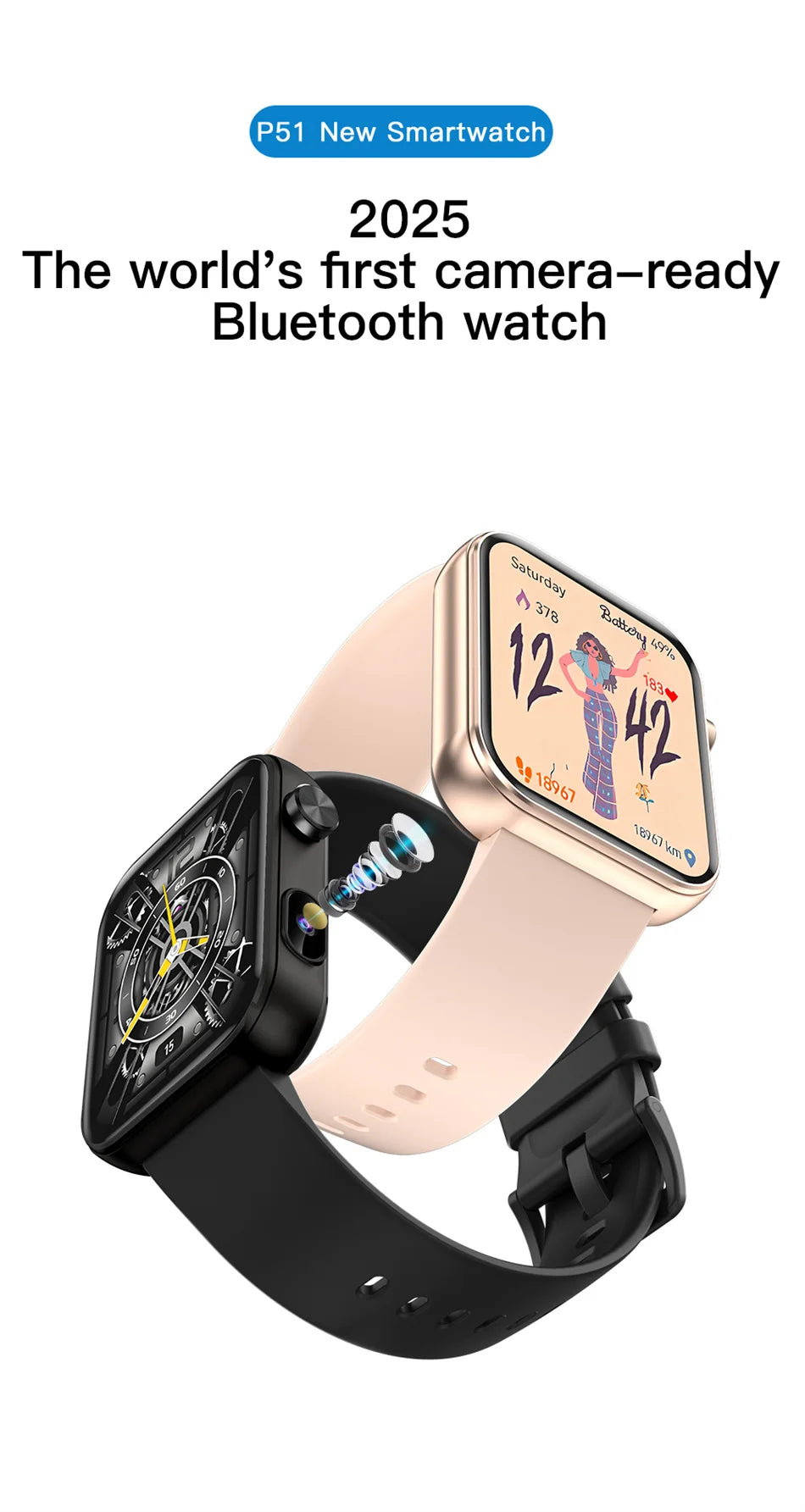 New 512M Memory Smart Watch With Camera Video Recording Local Music Dynamic Dial BT Call Sport Mode lP68 Waterproof Smartwatch