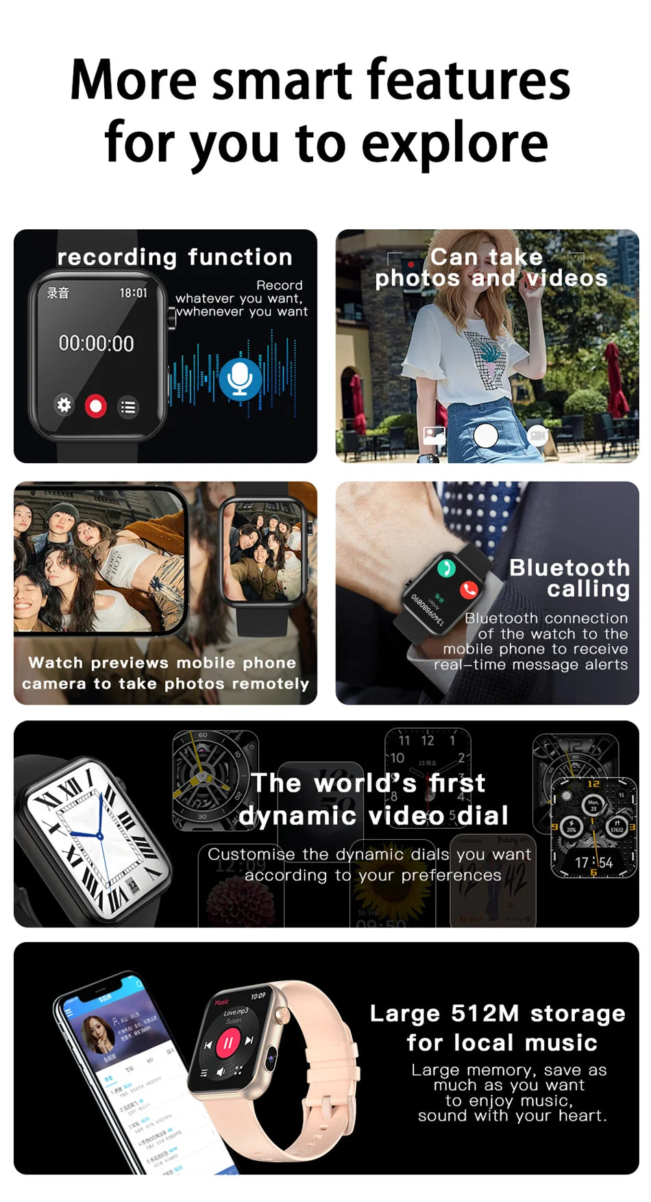 New 512M Memory Smart Watch With Camera Video Recording Local Music Dynamic Dial BT Call Sport Mode lP68 Waterproof Smartwatch