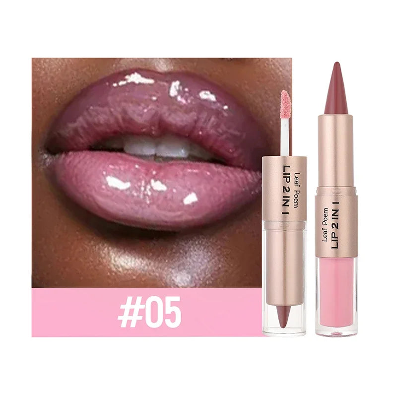 2in1 Lipstick Lip Gloss Lip Liner Contour Pencil Double Head Mirror Plumping Lip Glaze Crystal Lip Sexy Red Lips Tint Makeup