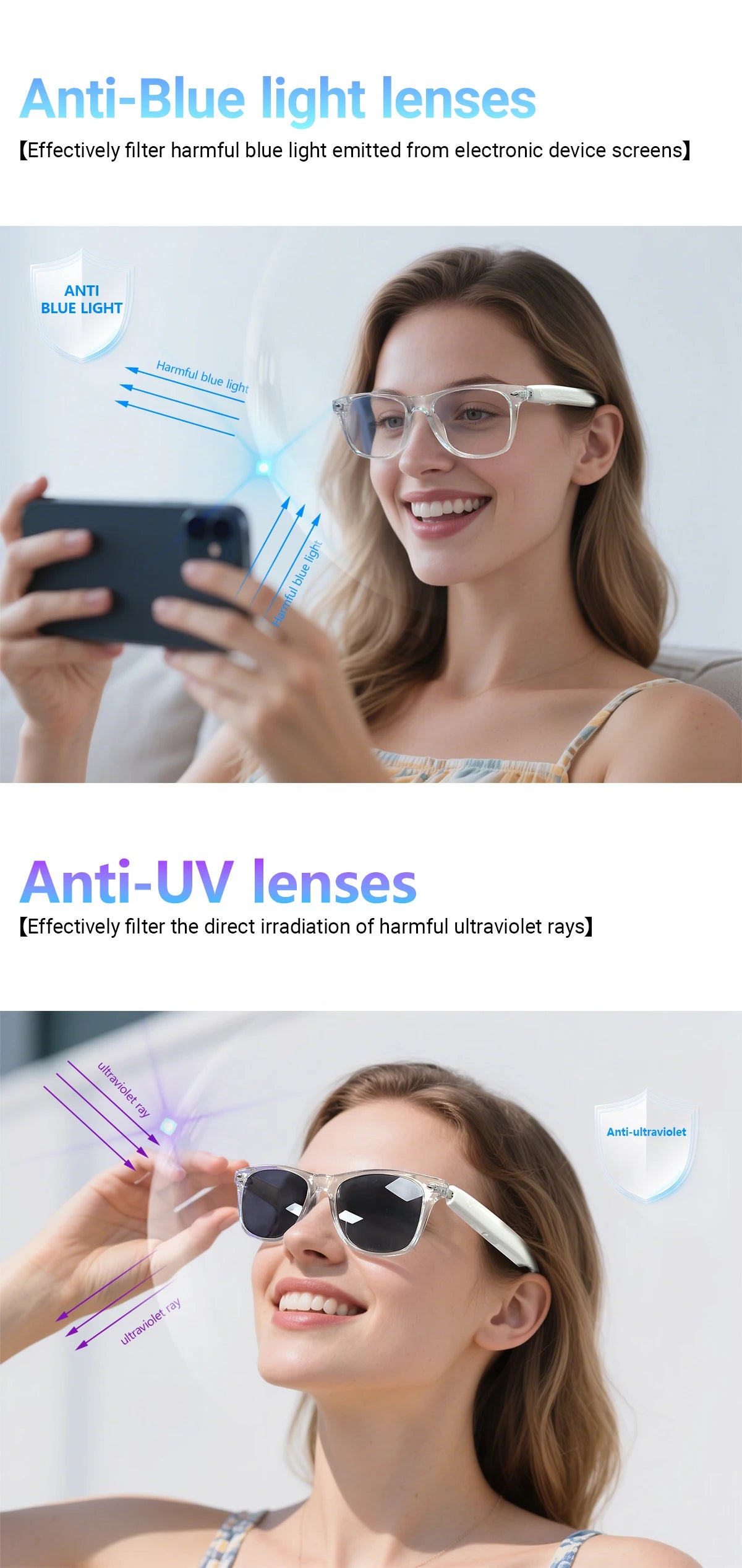 Smart Glasses AI translation 100+ Languages Make Receive Calls Music Calling Noise Reduction Light BT TWS Glasses Men Women