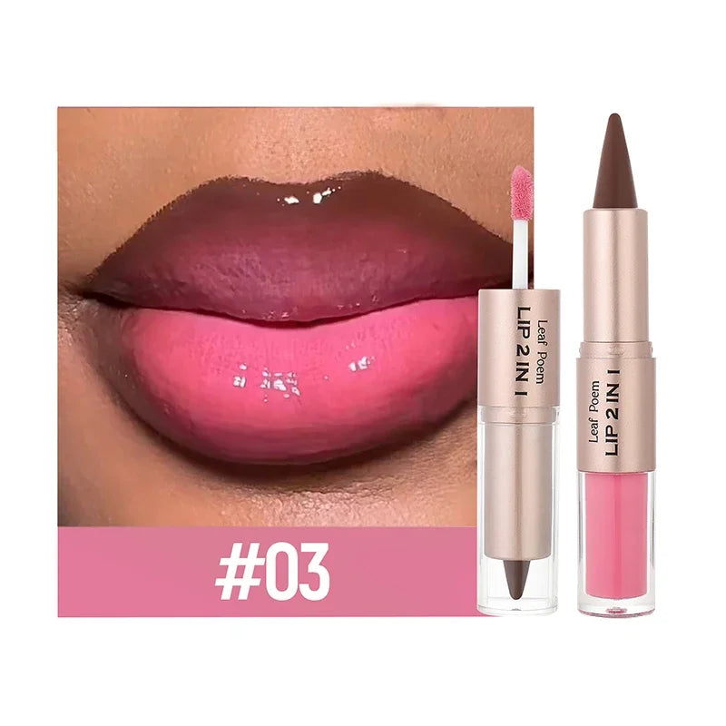 2in1 Lipstick Lip Gloss Lip Liner Contour Pencil Double Head Mirror Plumping Lip Glaze Crystal Lip Sexy Red Lips Tint Makeup