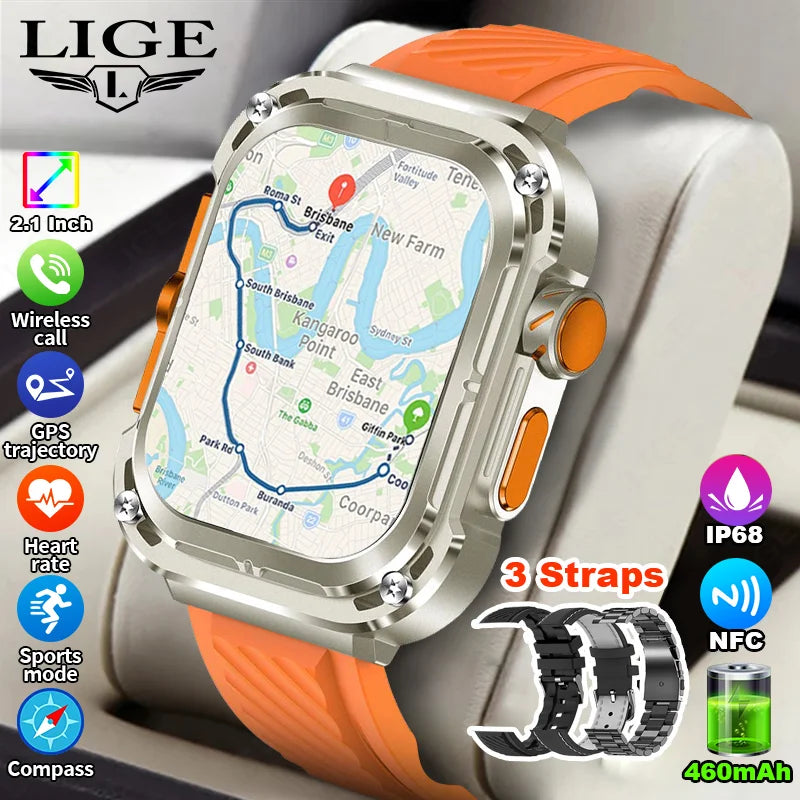 LIGE 2025 New 2.1" Ultra HD NFC Voice Call Smart Watch Men Compass GPS Track 460mAh Battery Waterproof Watches For HUAWEI Xiaomi