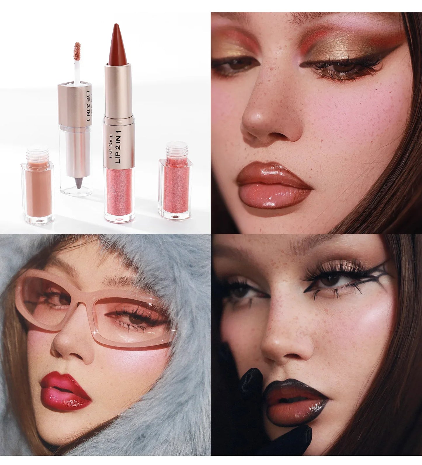 2in1 Lipstick Lip Gloss Lip Liner Contour Pencil Double Head Mirror Plumping Lip Glaze Crystal Lip Sexy Red Lips Tint Makeup