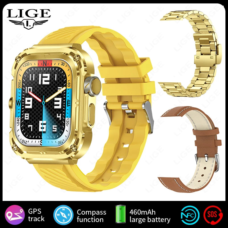 LIGE 2025 New 2.1" Ultra HD NFC Voice Call Smart Watch Men Compass GPS Track 460mAh Battery Waterproof Watches For HUAWEI Xiaomi