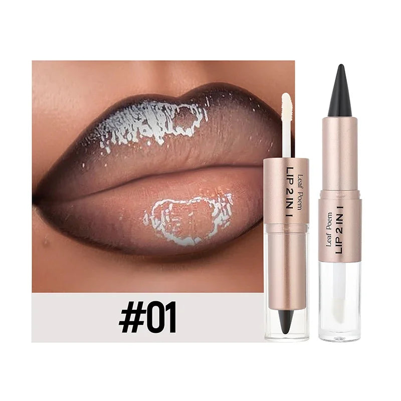 2in1 Lipstick Lip Gloss Lip Liner Contour Pencil Double Head Mirror Plumping Lip Glaze Crystal Lip Sexy Red Lips Tint Makeup