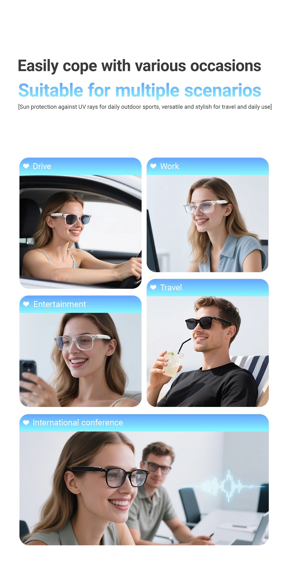 Smart Glasses AI translation 100+ Languages Make Receive Calls Music Calling Noise Reduction Light BT TWS Glasses Men Women