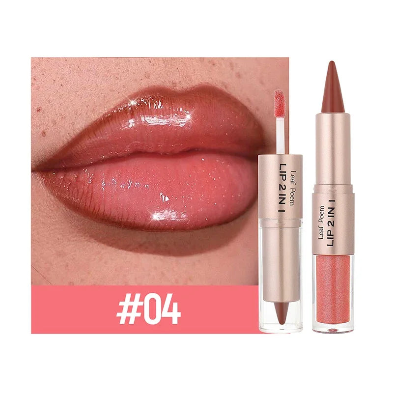 2in1 Lipstick Lip Gloss Lip Liner Contour Pencil Double Head Mirror Plumping Lip Glaze Crystal Lip Sexy Red Lips Tint Makeup